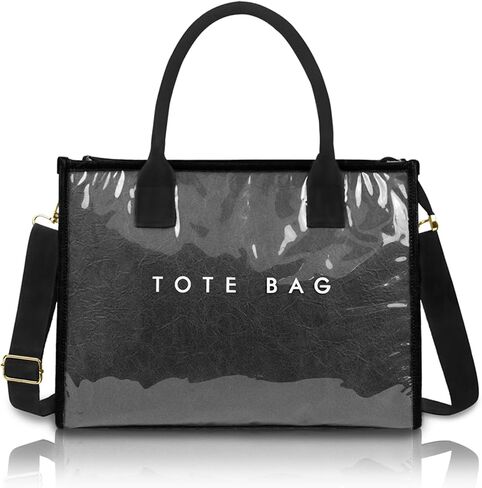 PVC Tote Bag for Women, Upgrade Plastic Tote Bag Trendy Kraft Paper Bag Women's Letters Print Tote Bag Shoulder Bag in Kuwait