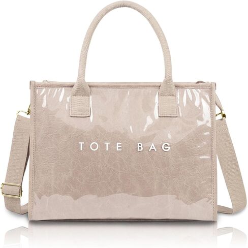 PVC Tote Bag for Women, Upgrade Plastic Tote Bag Trendy Kraft Paper Bag Women's Letters Print Tote Bag Shoulder Bag in Kuwait