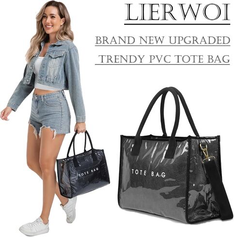PVC Tote Bag for Women, Upgrade Plastic Tote Bag Trendy Kraft Paper Bag Women's Letters Print Tote Bag Shoulder Bag in Kuwait