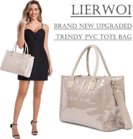 PVC Tote Bag for Women, Upgrade Plastic Tote Bag Trendy Kraft Paper Bag Women's Letters Print Tote Bag Shoulder Bag in Kuwait