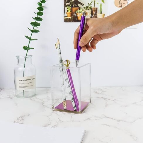 Mei yi Tian Clear Acrylic Pencil Pen Pen Cup مع أسفل الذهب الأصفر ، وملحقات المكتب مكياج فرشاة فرشاة التصميم الحديثة منظم سطح المكتب لتخزين المكتب كونترتوب in Kuwait