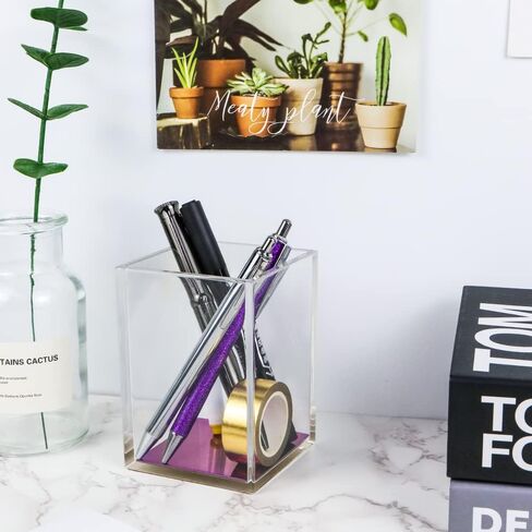 Mei yi Tian Clear Acrylic Pencil Pen Pen Cup مع أسفل الذهب الأصفر ، وملحقات المكتب مكياج فرشاة فرشاة التصميم الحديثة منظم سطح المكتب لتخزين المكتب كونترتوب in Kuwait