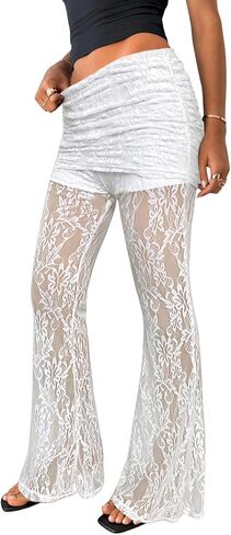 Verdusa Women's Floral Lace Pants Sheer Mesh Flare Leggings Elastic Long Trousers in Saudi Arabia