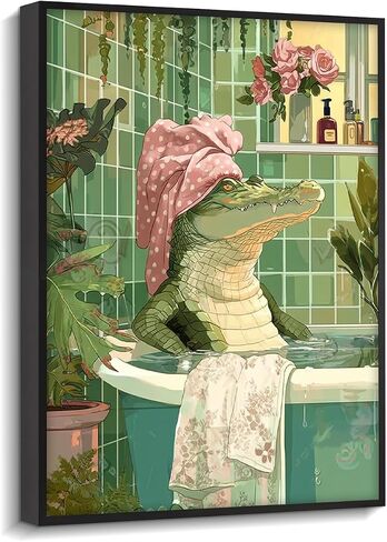 WOXZQ Bathroom Decor,Crocodile Lying In Bathtub For Bathroom Wall Art, Funny Animal Modern Restroom Decor, Cute Crocodile Artwork For Restroom, Funny Green Painting In 12x16 Inch in Saudi Arabia