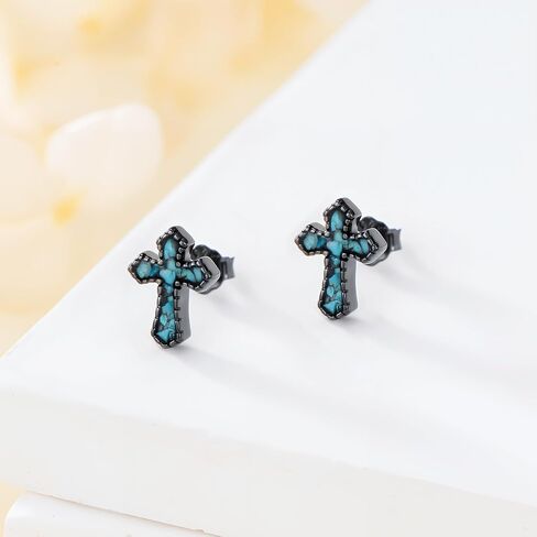 أقراط متقاطعة مع الفيروز 925 Sterling Silver Black Cross Cross Meries Jewelry Christian for Men Women in Saudi Arabia