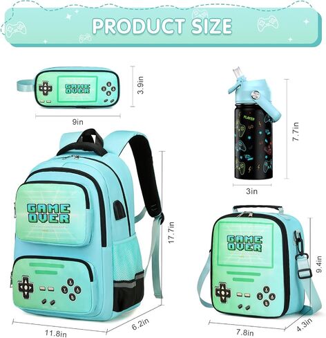 Gamer Luminous Boys Backpack with Lunch Bag Pencil Case, 14oz Insulated Bottle, BPA-FREE Double Tumbler 18/8 Stainless Steel Leak Proof Cups with Metal Straw for School Boy (Blue) in Saudi Arabia