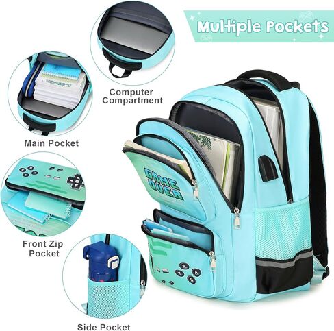 Gamer Luminous Boys Backpack with Lunch Bag Pencil Case, 14oz Insulated Bottle, BPA-FREE Double Tumbler 18/8 Stainless Steel Leak Proof Cups with Metal Straw for School Boy (Blue) in Saudi Arabia