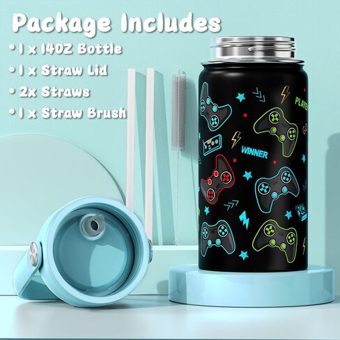 Gamer Luminous Boys Backpack with Lunch Bag Pencil Case, 14oz Insulated Bottle, BPA-FREE Double Tumbler 18/8 Stainless Steel Leak Proof Cups with Metal Straw for School Boy (Blue) in Saudi Arabia