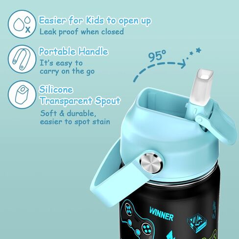 Gamer Luminous Boys Backpack with Lunch Bag Pencil Case, 14oz Insulated Bottle, BPA-FREE Double Tumbler 18/8 Stainless Steel Leak Proof Cups with Metal Straw for School Boy (Blue) in Saudi Arabia