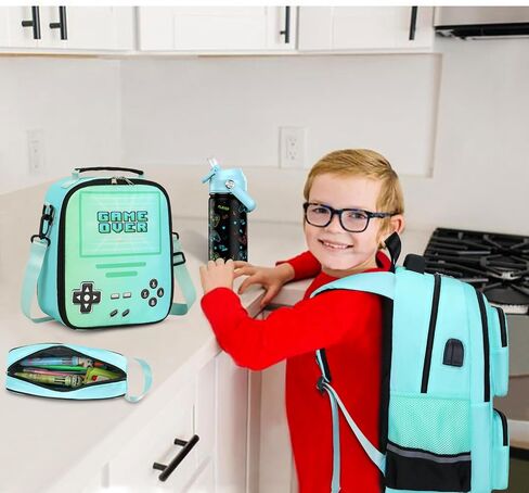 Gamer Luminous Boys Backpack with Lunch Bag Pencil Case, 14oz Insulated Bottle, BPA-FREE Double Tumbler 18/8 Stainless Steel Leak Proof Cups with Metal Straw for School Boy (Blue) in Saudi Arabia
