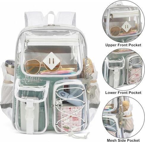 حقيبة ظهر واضحة للبنات ، حقائب الكتب ذات الظهر المدارس الشفافة مع مجموعة مفاتيح الزرافة (أبيض) in Kuwait