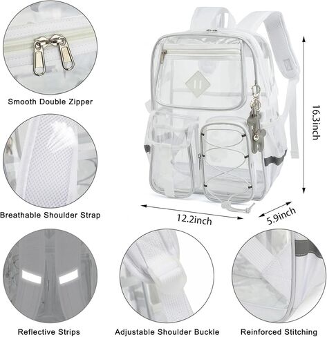 حقيبة ظهر واضحة للبنات ، حقائب الكتب ذات الظهر المدارس الشفافة مع مجموعة مفاتيح الزرافة (أبيض) in Kuwait