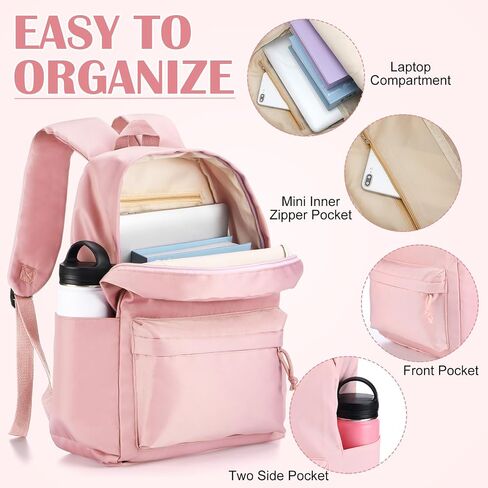Cunno School Backpack for Teen Girls Boys Kids Cute Nylon Bookbag Waterproof Preppy Backpack Travel Laptop Bag for Students(Pink,Simple Style) in Saudi Arabia