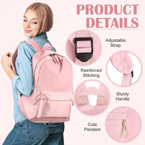 Cunno School Backpack for Teen Girls Boys Kids Cute Nylon Bookbag Waterproof Preppy Backpack Travel Laptop Bag for Students(Pink,Simple Style) in Saudi Arabia