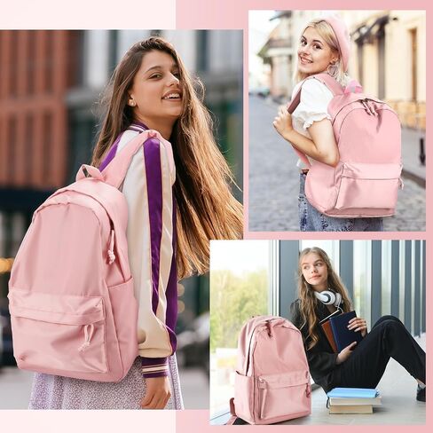 Cunno School Backpack for Teen Girls Boys Kids Cute Nylon Bookbag Waterproof Preppy Backpack Travel Laptop Bag for Students(Pink,Simple Style) in Saudi Arabia