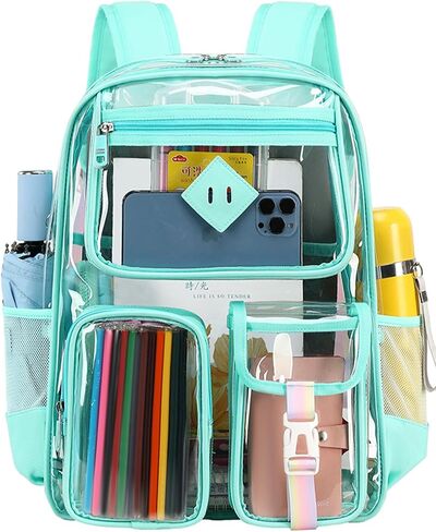 Clear Backpack for School Heavy Duty PVC Transparent Bag See Through Bookbag for Stadium Approved Women Girls(Cute, Turquoise) in Kuwait