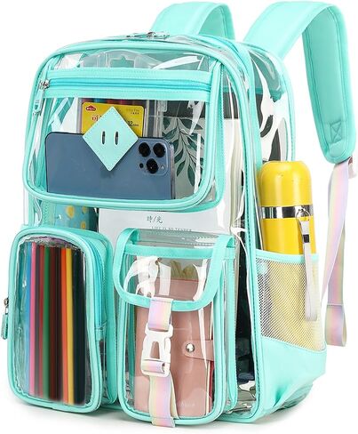 Clear Backpack for School Heavy Duty PVC Transparent Bag See Through Bookbag for Stadium Approved Women Girls(Cute, Turquoise) in Kuwait