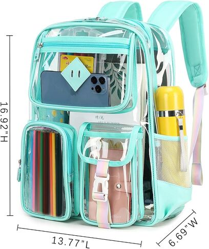 Clear Backpack for School Heavy Duty PVC Transparent Bag See Through Bookbag for Stadium Approved Women Girls(Cute, Turquoise) in Kuwait