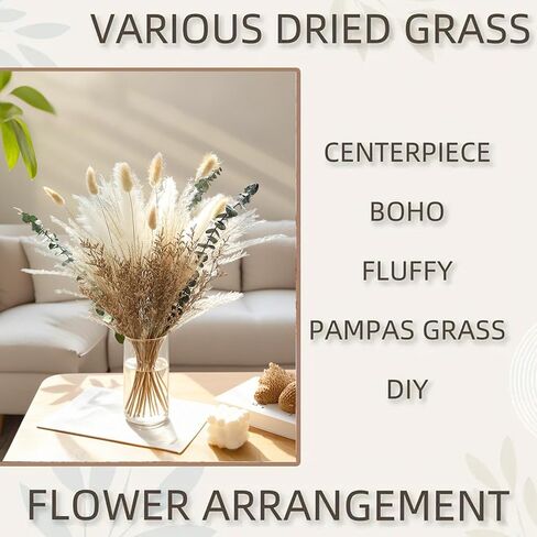 Neutral Dried Grass Bouquet with Eucalyptus & Bunny Tails – Natural Minimalist Arrangement in Soft Beige Tones – Rustic Boho Home Decor（17inch） in Kuwait