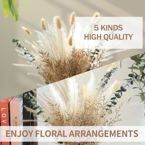 Neutral Dried Grass Bouquet with Eucalyptus & Bunny Tails – Natural Minimalist Arrangement in Soft Beige Tones – Rustic Boho Home Decor（17inch） in Kuwait