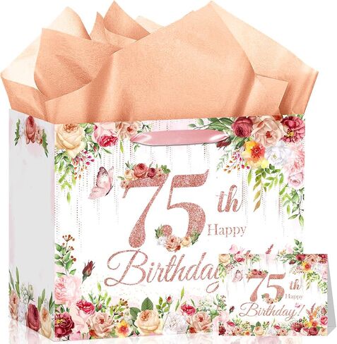 80th Birthday Gift Bag Flower 80th Birthday Decorations for Women Rose Gold 80th Birthday Gift Wrapping Paper Bag Eighty Birthday Card for Cheers to 80 Years Old Birthday Party Favors Supplies in Kuwait