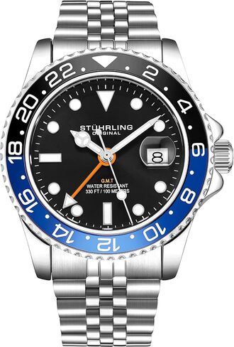 Stuhrling Original Men's Stainless Steel Jubilee Bracelet GMT Watch Quartz, Dual Time, Quickset Date with Screw Down Crown, Water Resistant up to 10 ATM in Kuwait