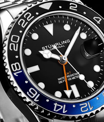 Stuhrling Original Men's Stainless Steel Jubilee Bracelet GMT Watch Quartz, Dual Time, Quickset Date with Screw Down Crown, Water Resistant up to 10 ATM in Kuwait