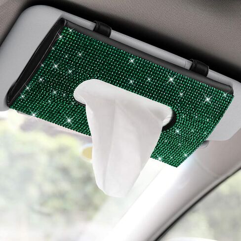 Bling Car Sun Visor Tissue Box Holder, Visor Accessories, Rhinestone PU Leather Crystal Sparkling Napkin Holder, Auto Sun Visor Paper Towel Cover Case Accessories for Most Cars (Green) in Saudi Arabia