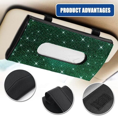 Bling Car Sun Visor Tissue Box Holder, Visor Accessories, Rhinestone PU Leather Crystal Sparkling Napkin Holder, Auto Sun Visor Paper Towel Cover Case Accessories for Most Cars (Green) in Saudi Arabia
