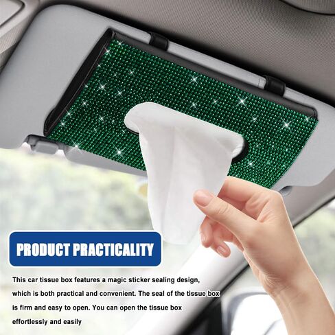 Bling Car Sun Visor Tissue Box Holder, Visor Accessories, Rhinestone PU Leather Crystal Sparkling Napkin Holder, Auto Sun Visor Paper Towel Cover Case Accessories for Most Cars (Green) in Saudi Arabia