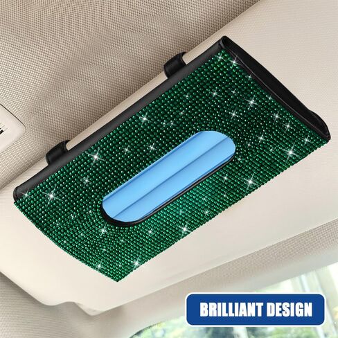 Bling Car Sun Visor Tissue Box Holder, Visor Accessories, Rhinestone PU Leather Crystal Sparkling Napkin Holder, Auto Sun Visor Paper Towel Cover Case Accessories for Most Cars (Green) in Saudi Arabia