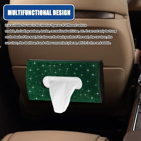 Bling Car Sun Visor Tissue Box Holder, Visor Accessories, Rhinestone PU Leather Crystal Sparkling Napkin Holder, Auto Sun Visor Paper Towel Cover Case Accessories for Most Cars (Green) in Saudi Arabia