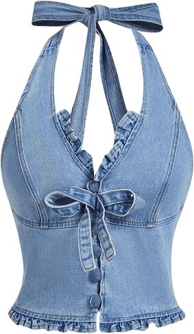 MakeMechic Women's Shirred Denim Stest Tops Tops Tie Backless Slim Fit Fit Halter Crop Top in Saudi Arabia