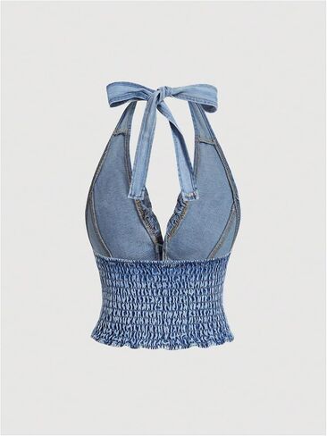 MakeMechic Women's Shirred Denim Stest Tops Tops Tie Backless Slim Fit Fit Halter Crop Top in Saudi Arabia