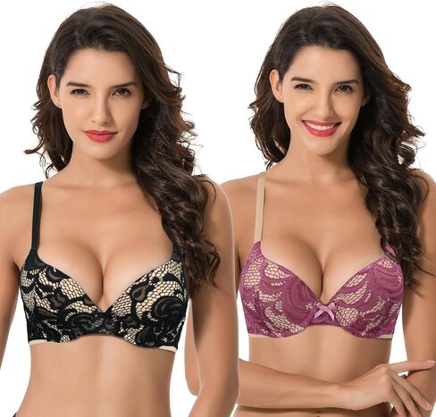 Curve Muse Women's Plus Size Perfect Shape Add 1 Cup Push Up Underwire Lace Bras in Saudi Arabia
