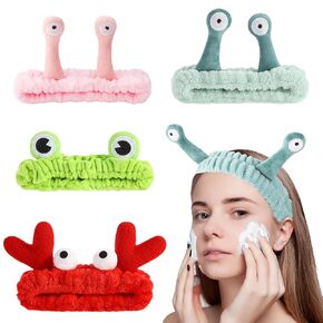 4PCS Face Wash Headband Cute, Soft Spa Headband for Washing Face, Coral Fleece Elastic Frog Crab Snail Head Band, Cartoon Makeup Headbands Creative Hair Accessories for Spa, Skincare, Makeup in Saudi Arabia