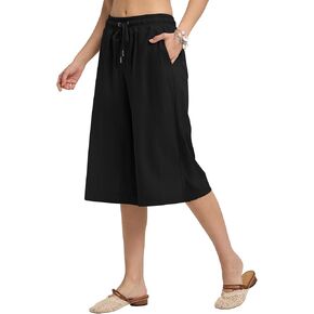 Linen Capri Pants for Women Elastic Waist Drawstrings Casual Wide Leg Linen Pants Women with Pockets in Kuwait