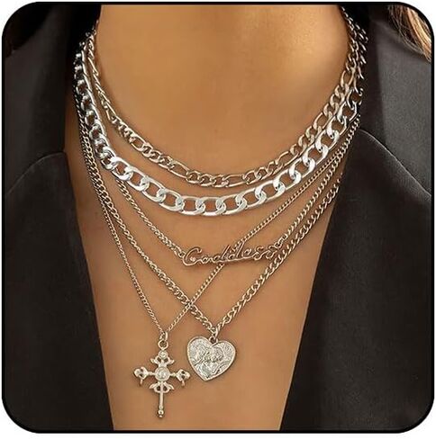 Chunky Gold Necklace Stack Layered Gold Necklaces for Women Non Tarnish Silver Statement Necklace Paperclip Chain Necklace Set Layering Big Heart Coin Cross Necklace Chunky Jewelry in Saudi Arabia