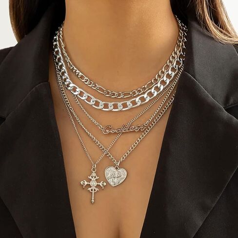 Chunky Gold Necklace Stack Layered Gold Necklaces for Women Non Tarnish Silver Statement Necklace Paperclip Chain Necklace Set Layering Big Heart Coin Cross Necklace Chunky Jewelry in Saudi Arabia