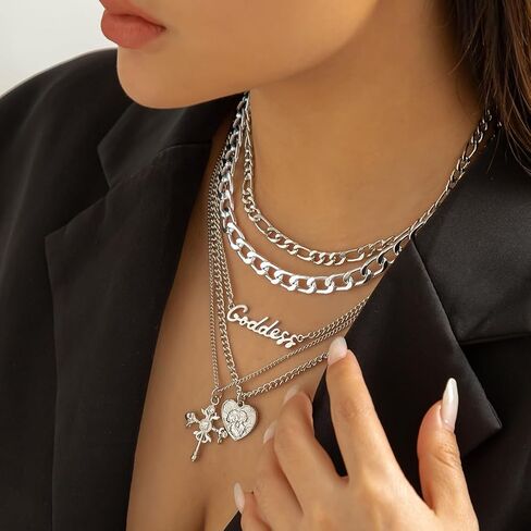 Chunky Gold Necklace Stack Layered Gold Necklaces for Women Non Tarnish Silver Statement Necklace Paperclip Chain Necklace Set Layering Big Heart Coin Cross Necklace Chunky Jewelry in Saudi Arabia