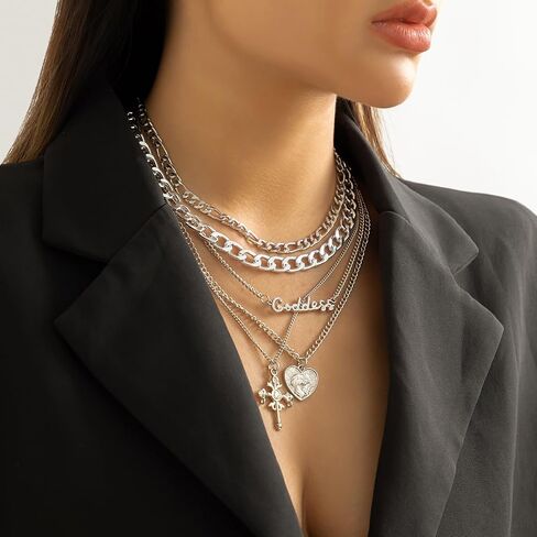 Chunky Gold Necklace Stack Layered Gold Necklaces for Women Non Tarnish Silver Statement Necklace Paperclip Chain Necklace Set Layering Big Heart Coin Cross Necklace Chunky Jewelry in Saudi Arabia