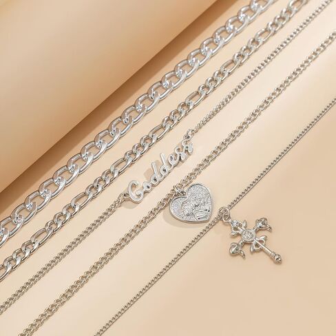 Chunky Gold Necklace Stack Layered Gold Necklaces for Women Non Tarnish Silver Statement Necklace Paperclip Chain Necklace Set Layering Big Heart Coin Cross Necklace Chunky Jewelry in Saudi Arabia