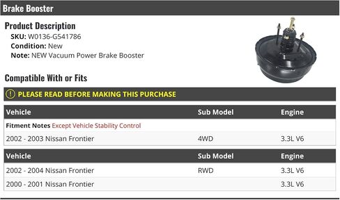 Vacuum Power Brake Booster - Compatible with 2000-2004 Nissan Frontier 3.3L V6 in Saudi Arabia
