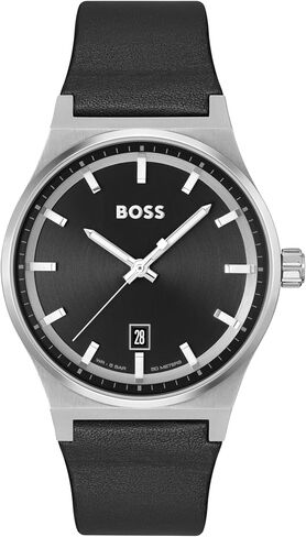 BOSS Hugo Men's Candor Stainless Steel Case and Black Leather Strap Watch, Contemporary Design for Everyday Wear, Three-Hand Watch, Model (1514075) in Saudi Arabia