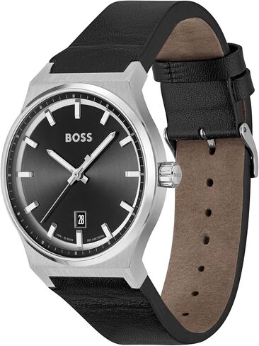 BOSS Hugo Men's Candor Stainless Steel Case and Black Leather Strap Watch, Contemporary Design for Everyday Wear, Three-Hand Watch, Model (1514075) in Saudi Arabia