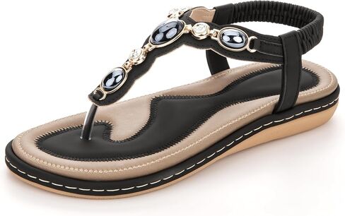 الصنادل المسطحة للنساء تدعم أرشا راينستون T-Strap Flip Flop Thong Flats للمشي على الشاطئ in Saudi Arabia
