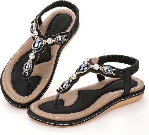 الصنادل المسطحة للنساء تدعم أرشا راينستون T-Strap Flip Flop Thong Flats للمشي على الشاطئ in Saudi Arabia