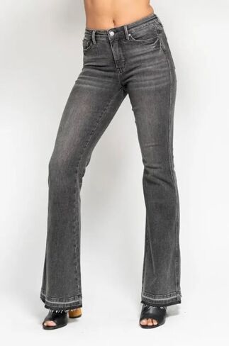 Judy Blue Mid Rise Tummy Control Washed Gray Release Hem Flare Jeans by Ivory Gem in Saudi Arabia