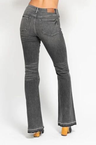 Judy Blue Mid Rise Tummy Control Washed Gray Release Hem Flare Jeans by Ivory Gem in Saudi Arabia