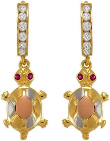 14k Tricolor Gold Turtle Huggie Earrings - Elegant Jewelry Earring Gift for Women and Her - Super Shiny Red & White CZ Color - Huggies Clasp Backing in Saudi Arabia
